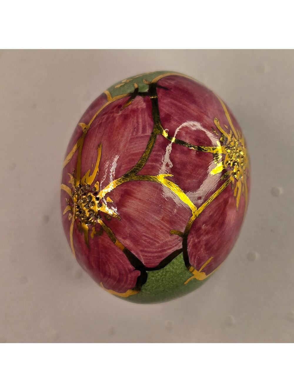 Vintage Hand Painted Lacquer Wood Egg Gold Gilt Raised Textured Flower Ornament